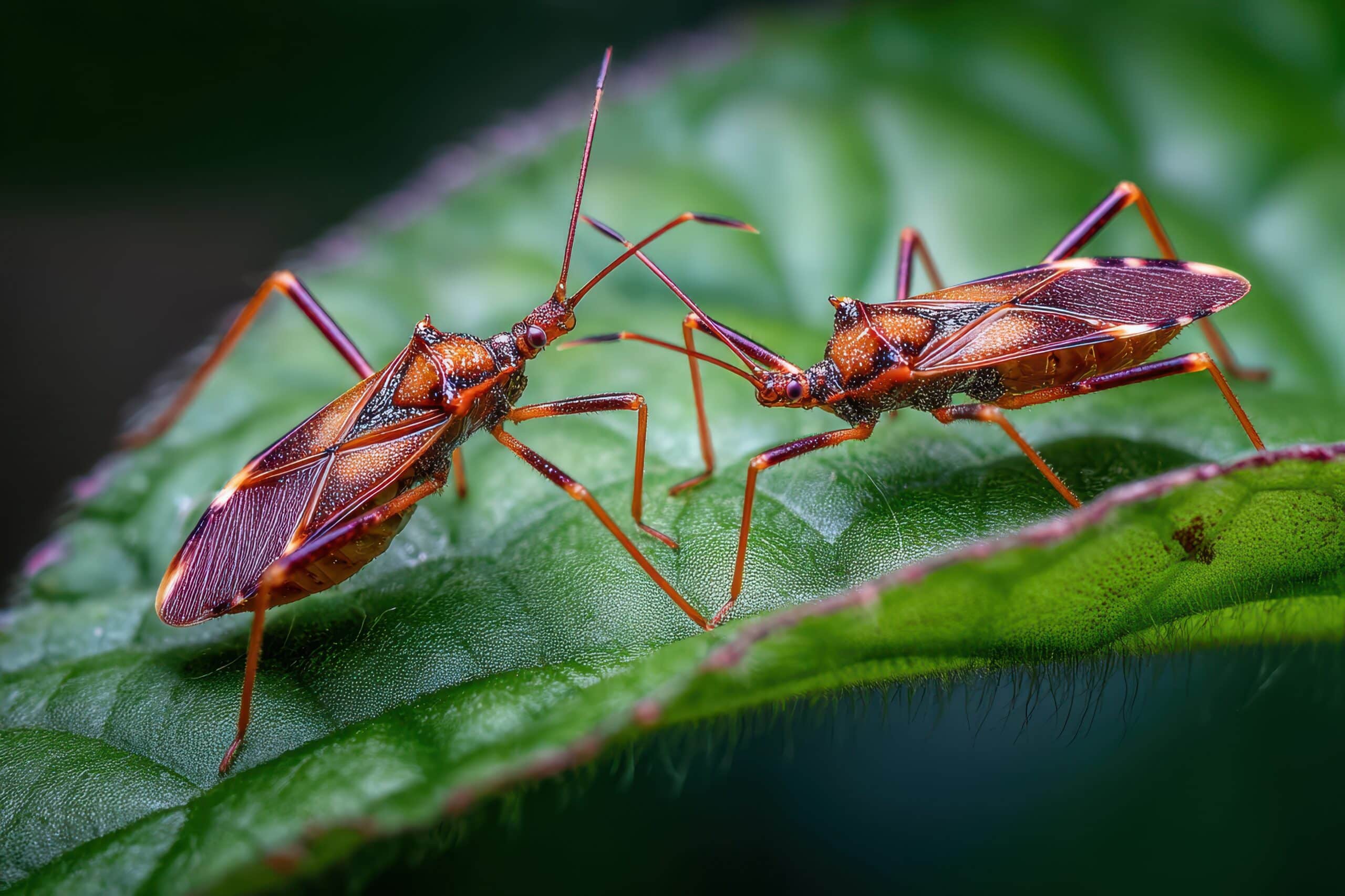 Assassin Bugs - Closeup Macro Photo of Brown Insects on Leaf in Nature