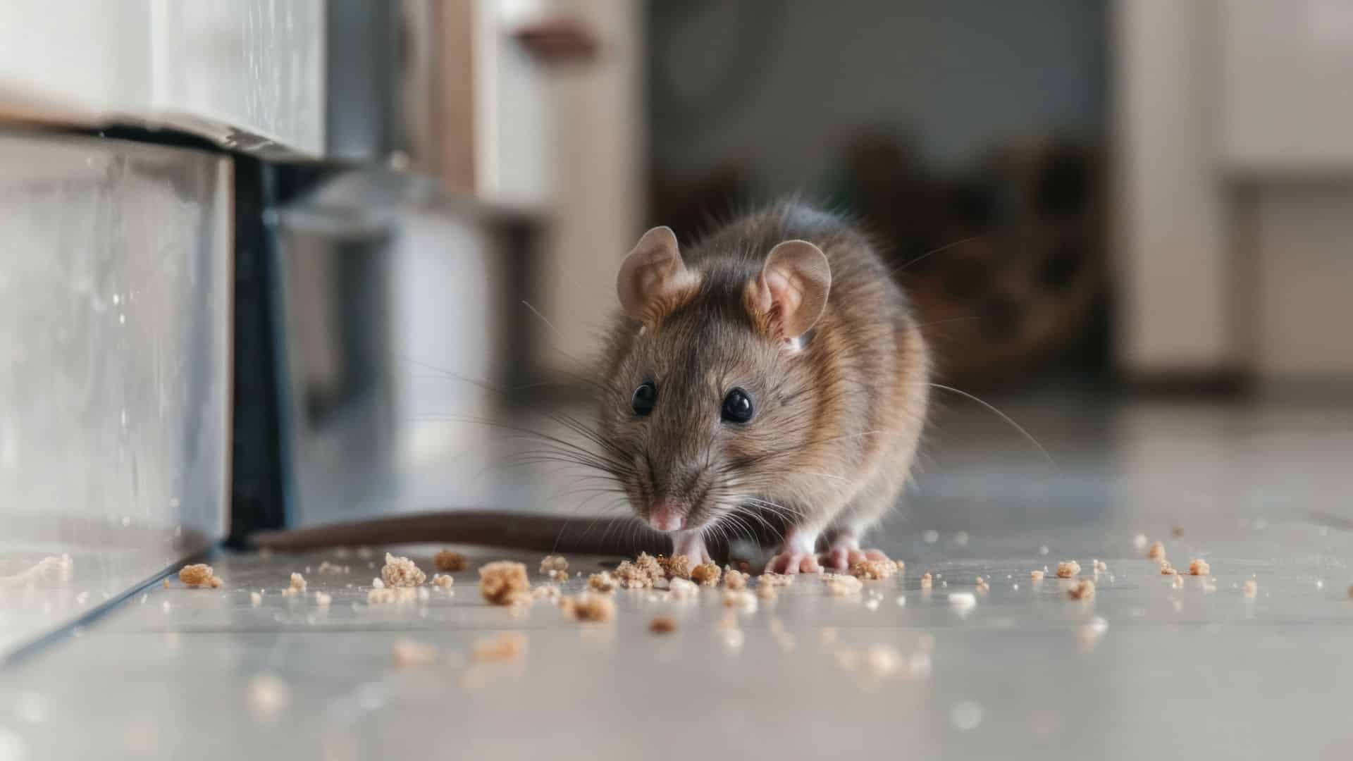 Homeowner sealing cracks in storage room wall to prevent mice infestation