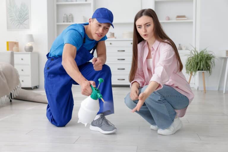 worried-woman-and-pest-control-worker-spraying-ins